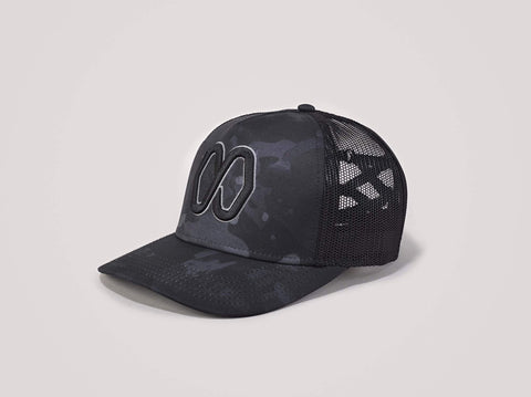 Ponytail baseball hat with black camo print. Mesh trucker style. Rear opening with cross tie.